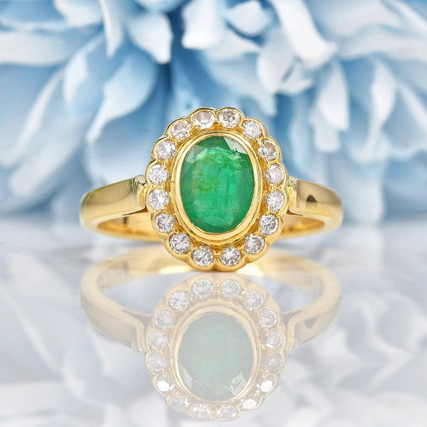 Ellibelle Jewellery Vintage 1990s Emerald & Diamond Bezel Cluster Ring