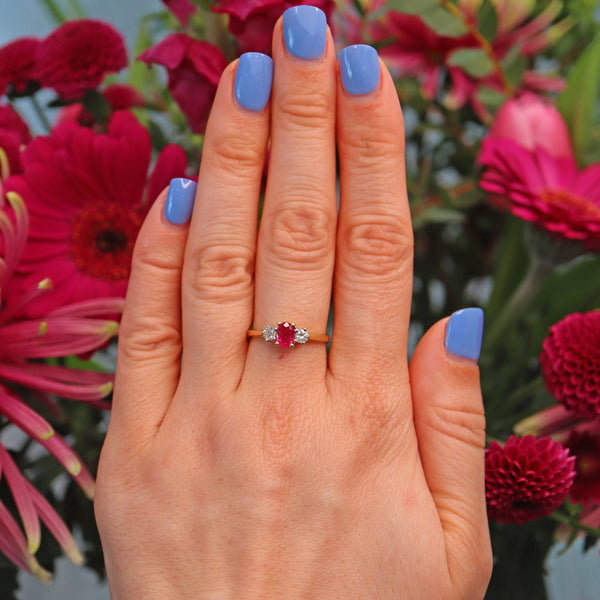 Ellibelle Jewellery Vintage 1990s Ruby & Diamond 18ct Gold Three Stone Ring