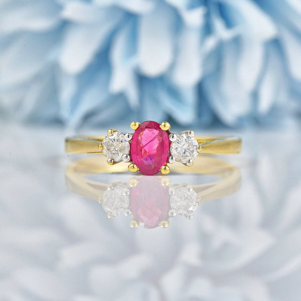Ellibelle Jewellery Vintage 1990s Ruby & Diamond 18ct Gold Three Stone Ring