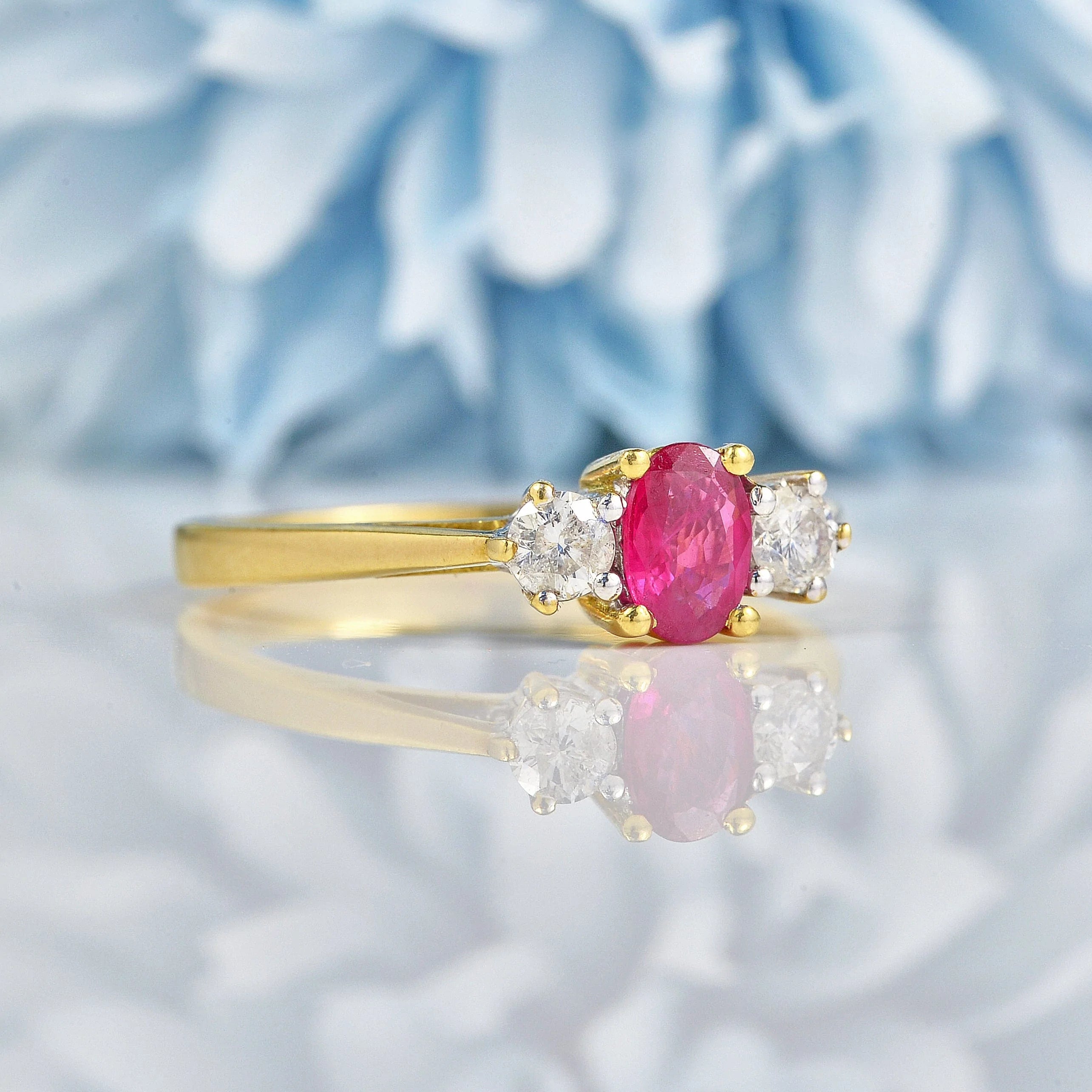 Ellibelle Jewellery Vintage 1990s Ruby & Diamond 18ct Gold Three Stone Ring