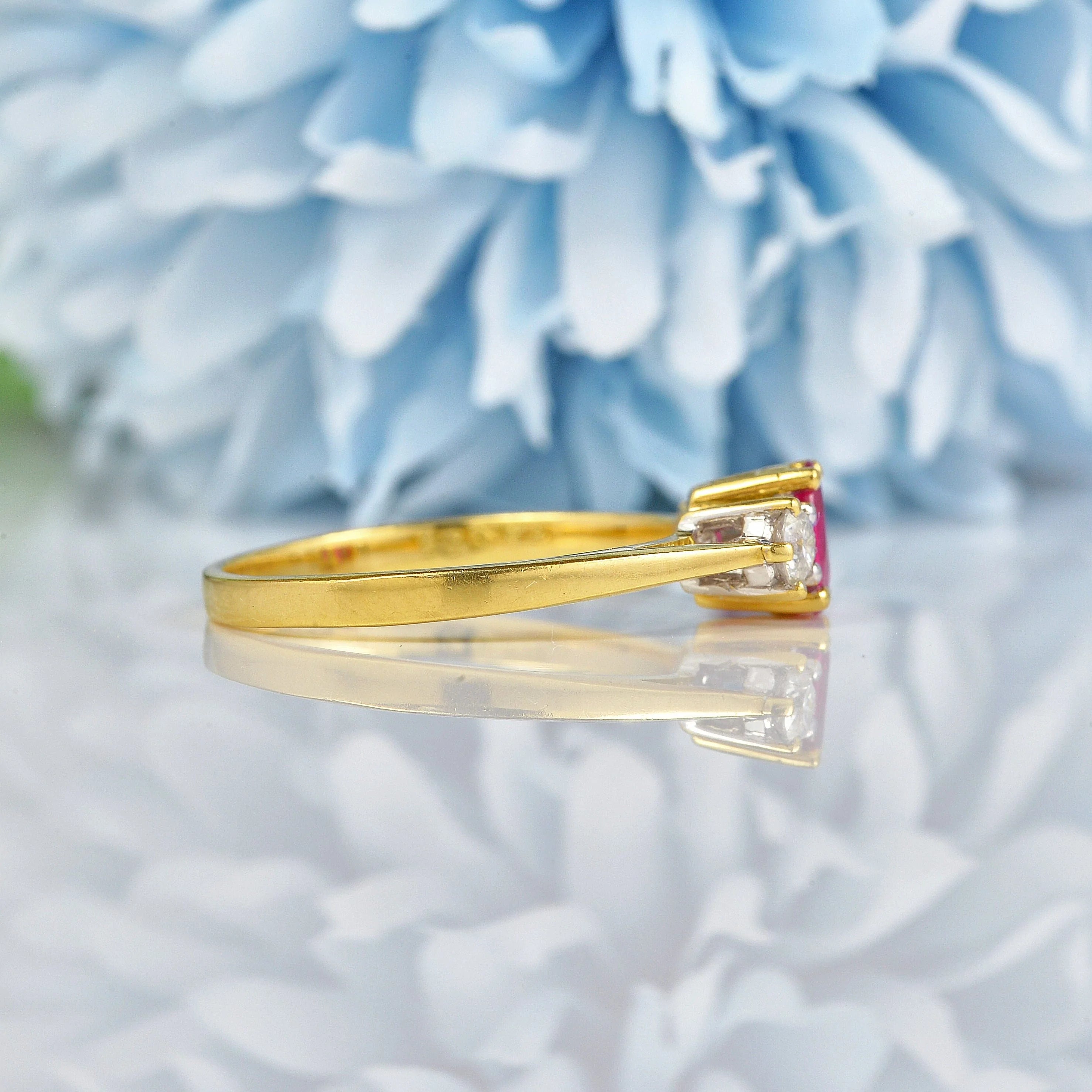 Ellibelle Jewellery Vintage 1990s Ruby & Diamond 18ct Gold Three Stone Ring