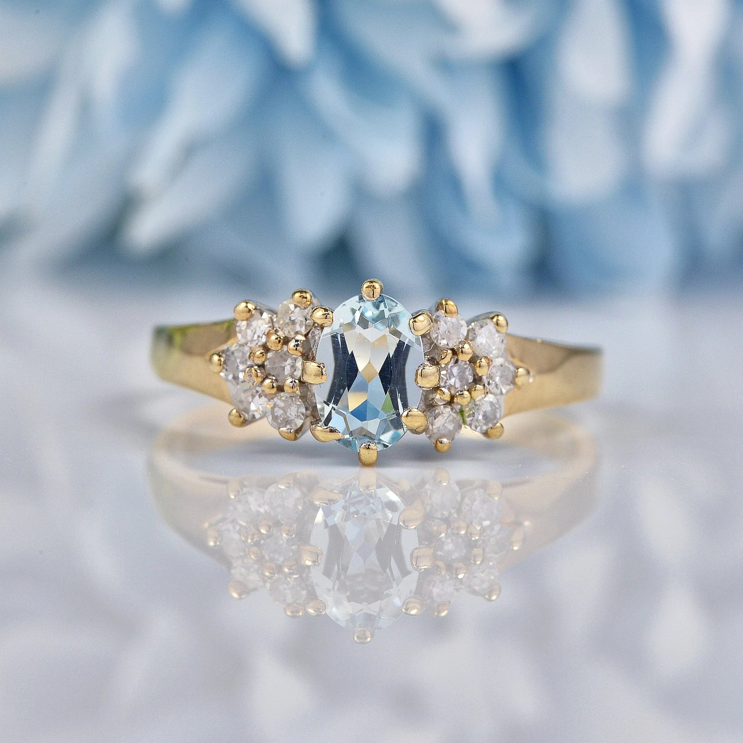 Ellibelle Jewellery Vintage 1991 Aquamarine & Diamond 9ct Gold Ring
