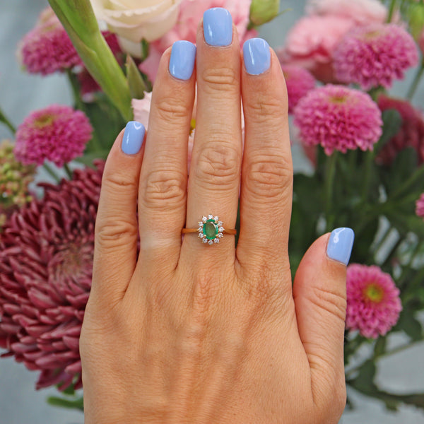 Ellibelle Jewellery Vintage 1992 Natural Emerald & Diamond Cluster Ring