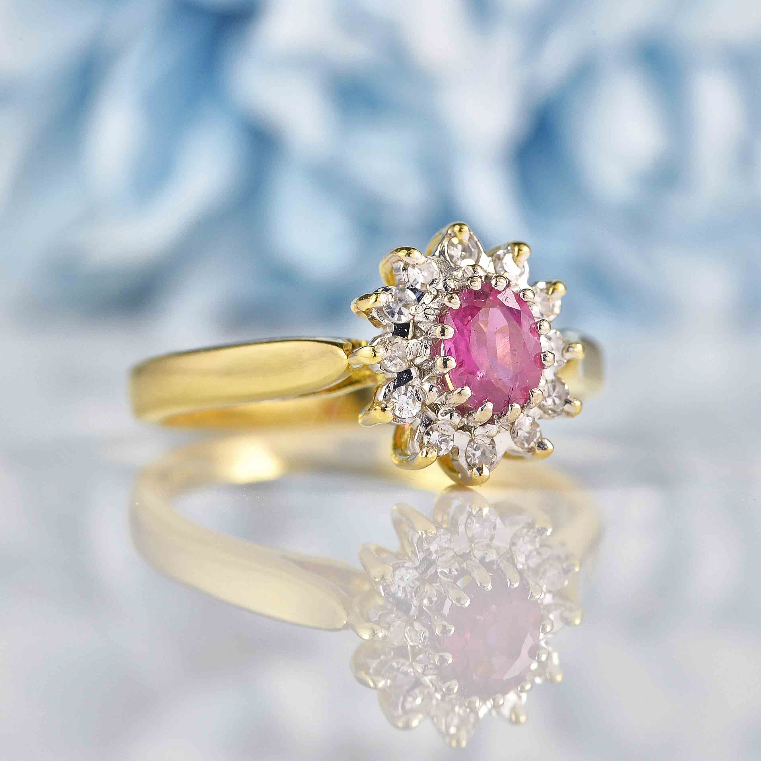 Ellibelle Jewellery Vintage 1992 Ruby & Diamond 18ct Gold Cluster Ring