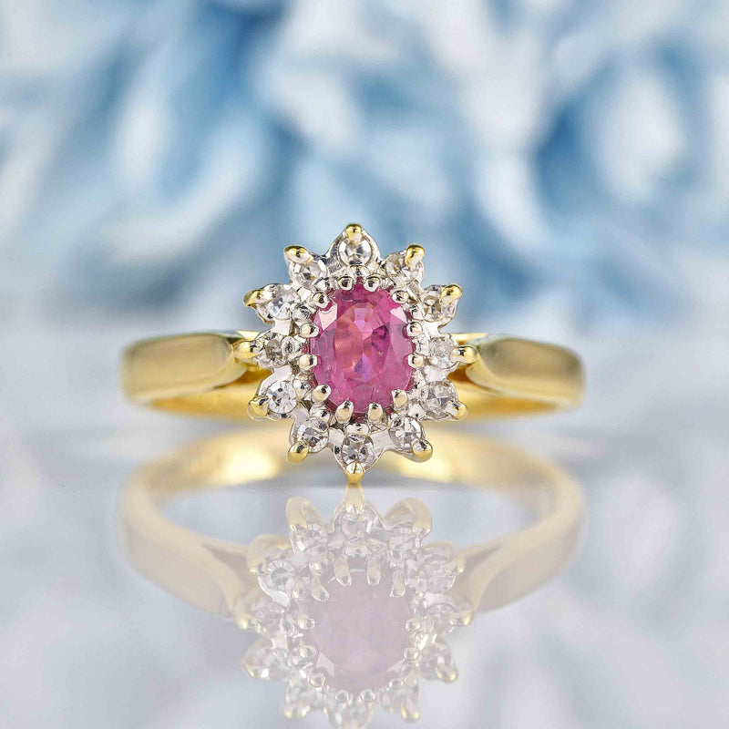 Ellibelle Jewellery Vintage 1992 Ruby & Diamond 18ct Gold Cluster Ring