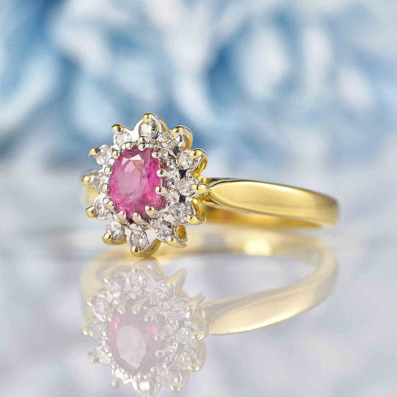 Ellibelle Jewellery Vintage 1992 Ruby & Diamond 18ct Gold Cluster Ring