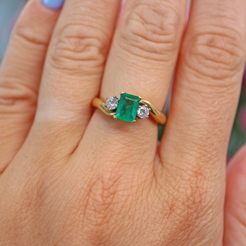 Ellibelle Jewellery Vintage 1993 Emerald & Diamond Three Stone Ring