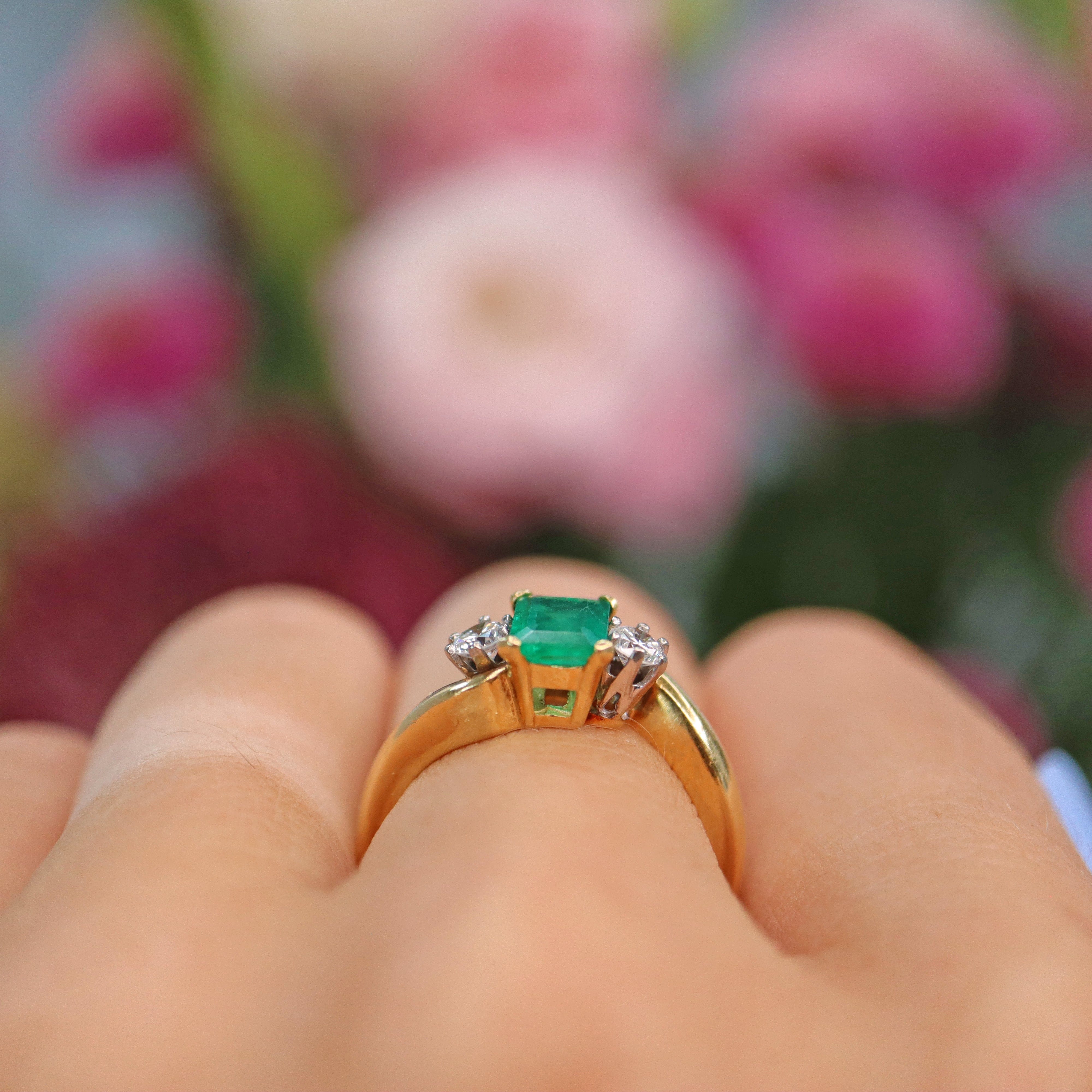 Ellibelle Jewellery Vintage 1993 Emerald & Diamond Three Stone Ring