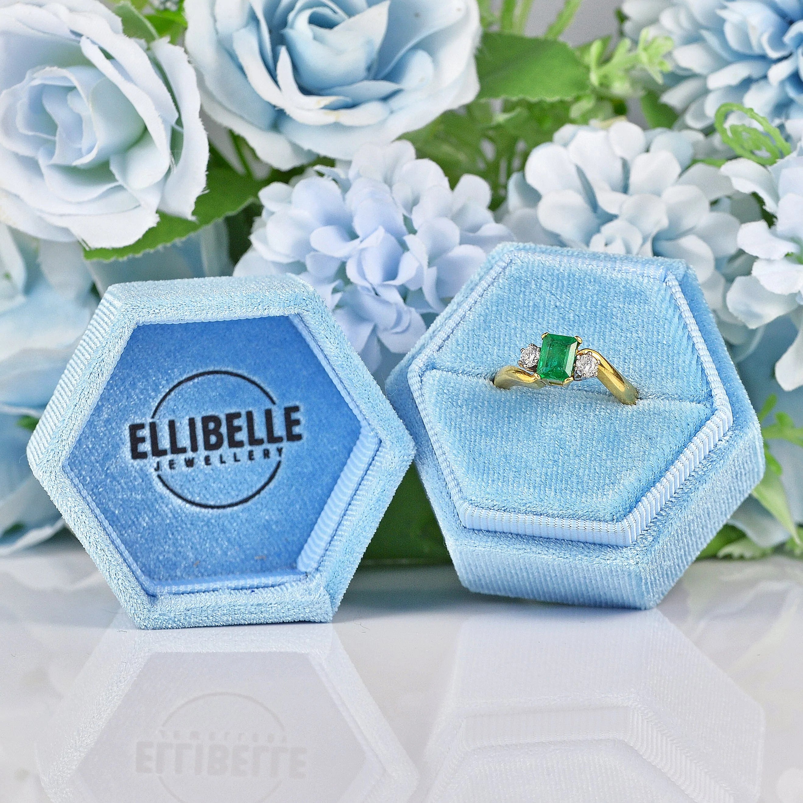 Ellibelle Jewellery Vintage 1993 Emerald & Diamond Three Stone Ring