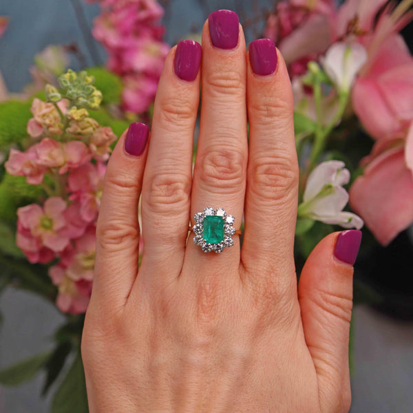 Ellibelle Jewellery Vintage 1994 Emerald & Diamond 18ct Gold Cluster Engagement Ring