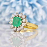 Ellibelle Jewellery Vintage 1994 Natural Emerald & Diamond Cluster Engagement Ring