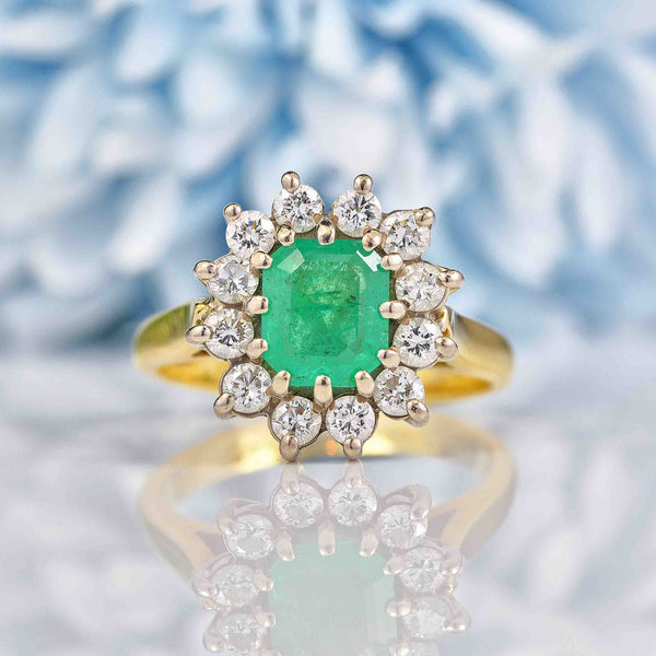 Ellibelle Jewellery Vintage 1994 Natural Emerald & Diamond Cluster Engagement Ring