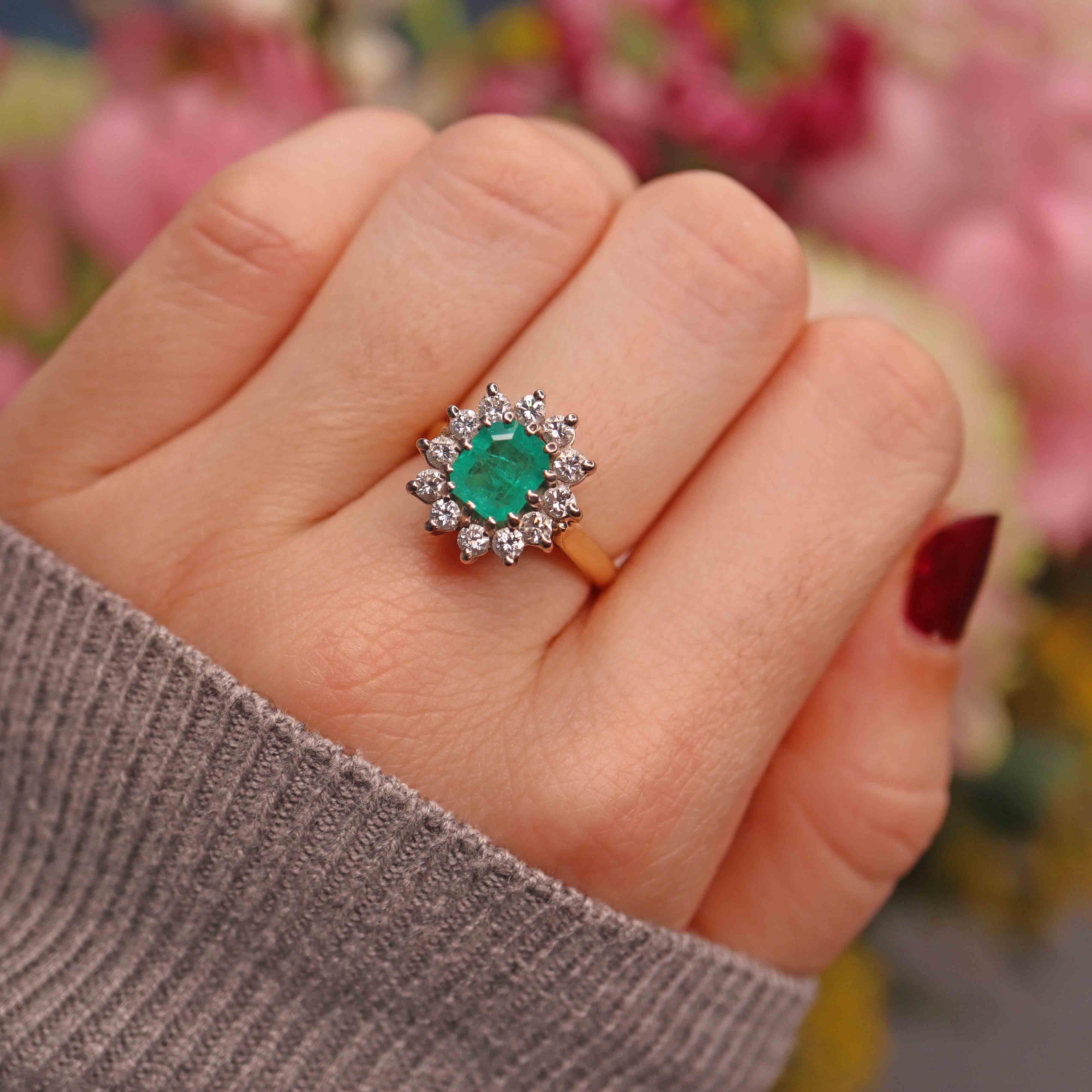 Ellibelle Jewellery Vintage 1994 Natural Emerald & Diamond Cluster Engagement Ring