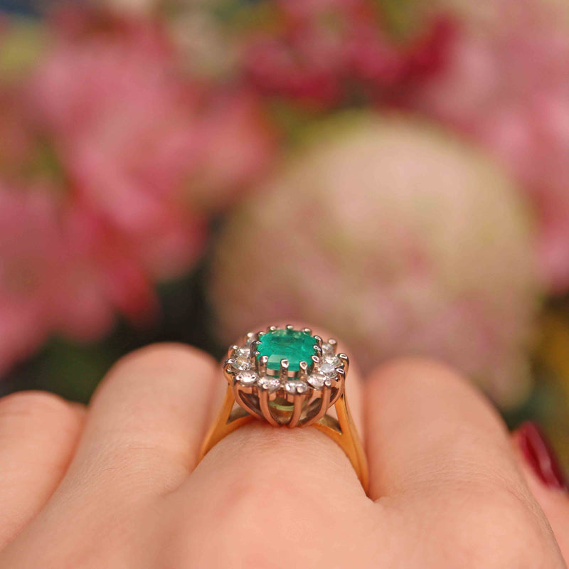 Ellibelle Jewellery Vintage 1994 Natural Emerald & Diamond Cluster Engagement Ring