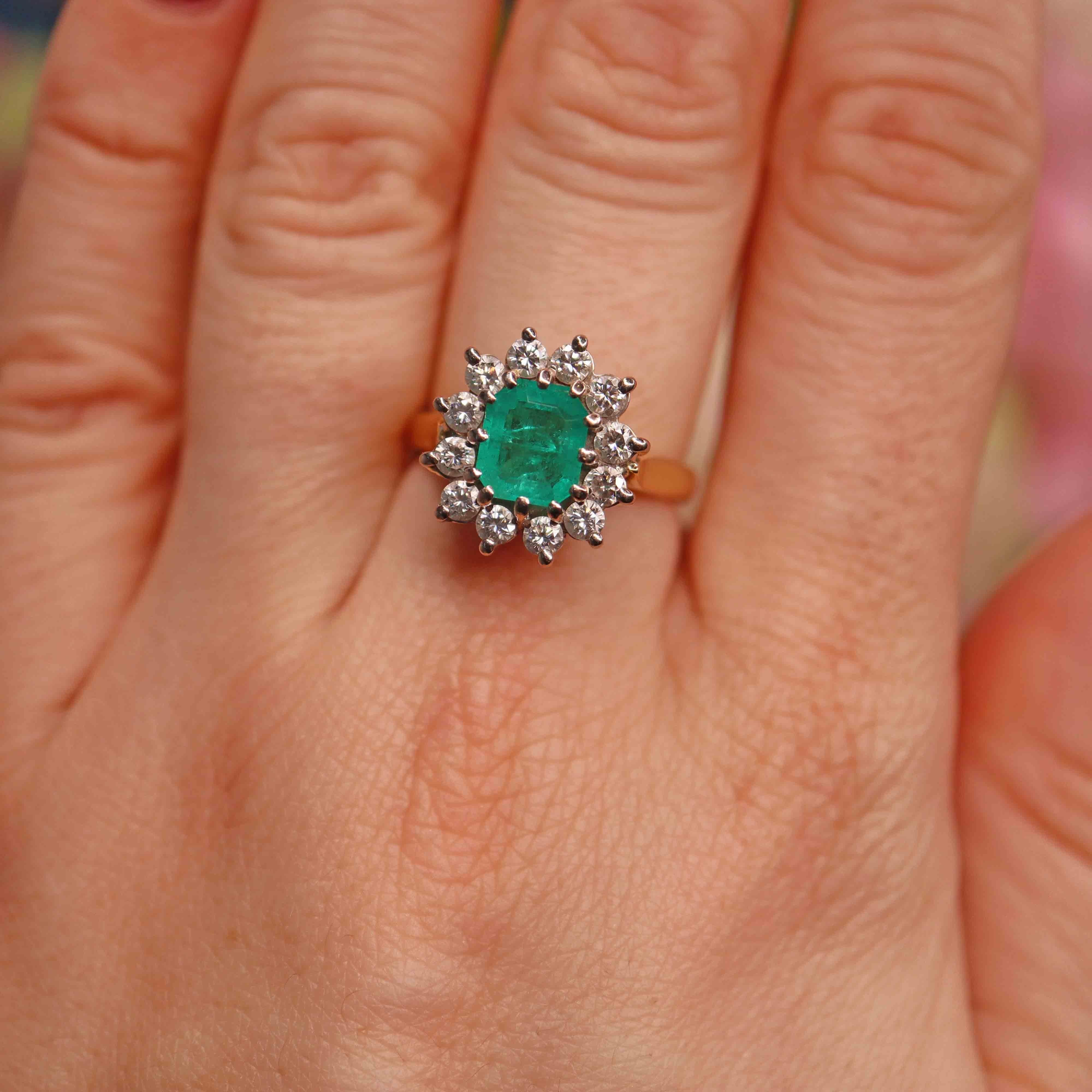 Ellibelle Jewellery Vintage 1994 Natural Emerald & Diamond Cluster Engagement Ring