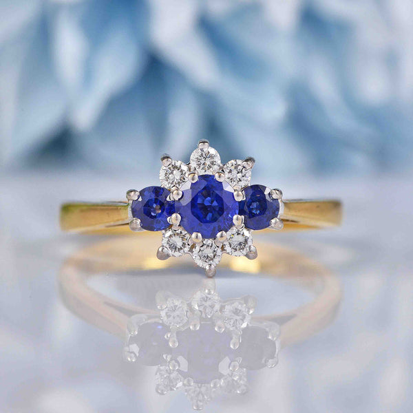 Ellibelle Jewellery Vintage 1995 Blue Sapphire & Diamond 18ct Gold Cluster Ring