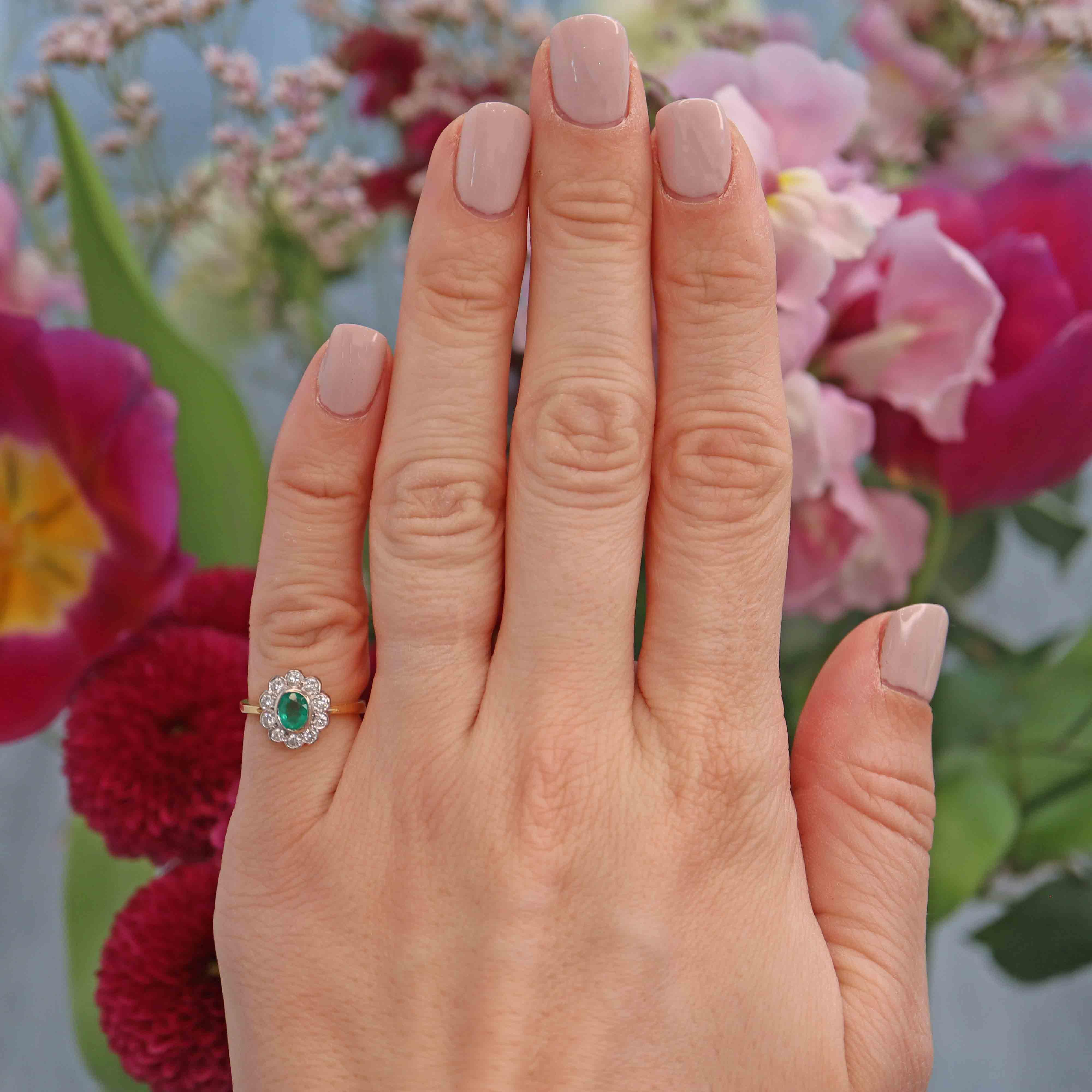 Ellibelle Jewellery Vintage 1996 Natural Emerald & Diamond 18ct Gold Cluster Ring