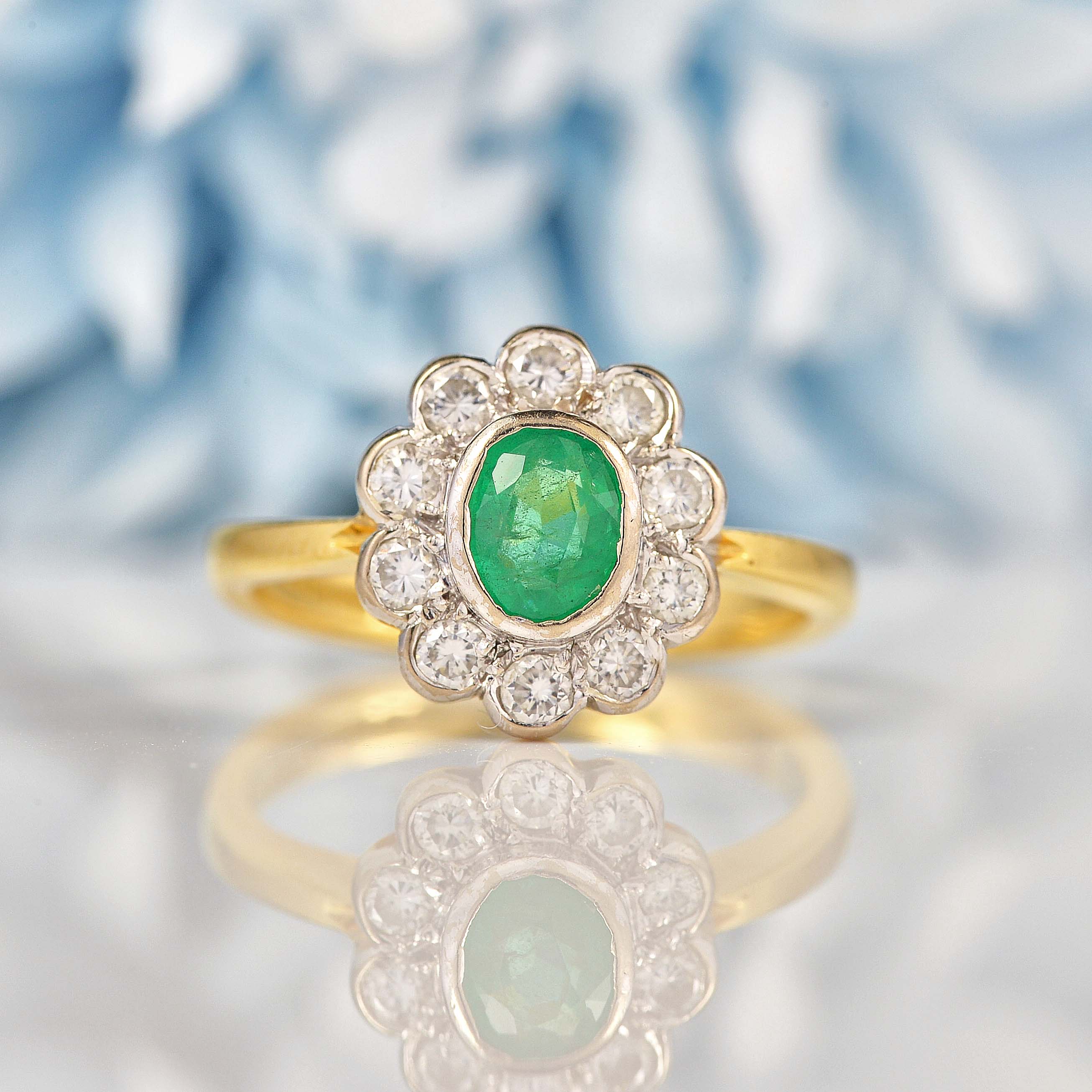 Ellibelle Jewellery Vintage 1996 Natural Emerald & Diamond 18ct Gold Cluster Ring