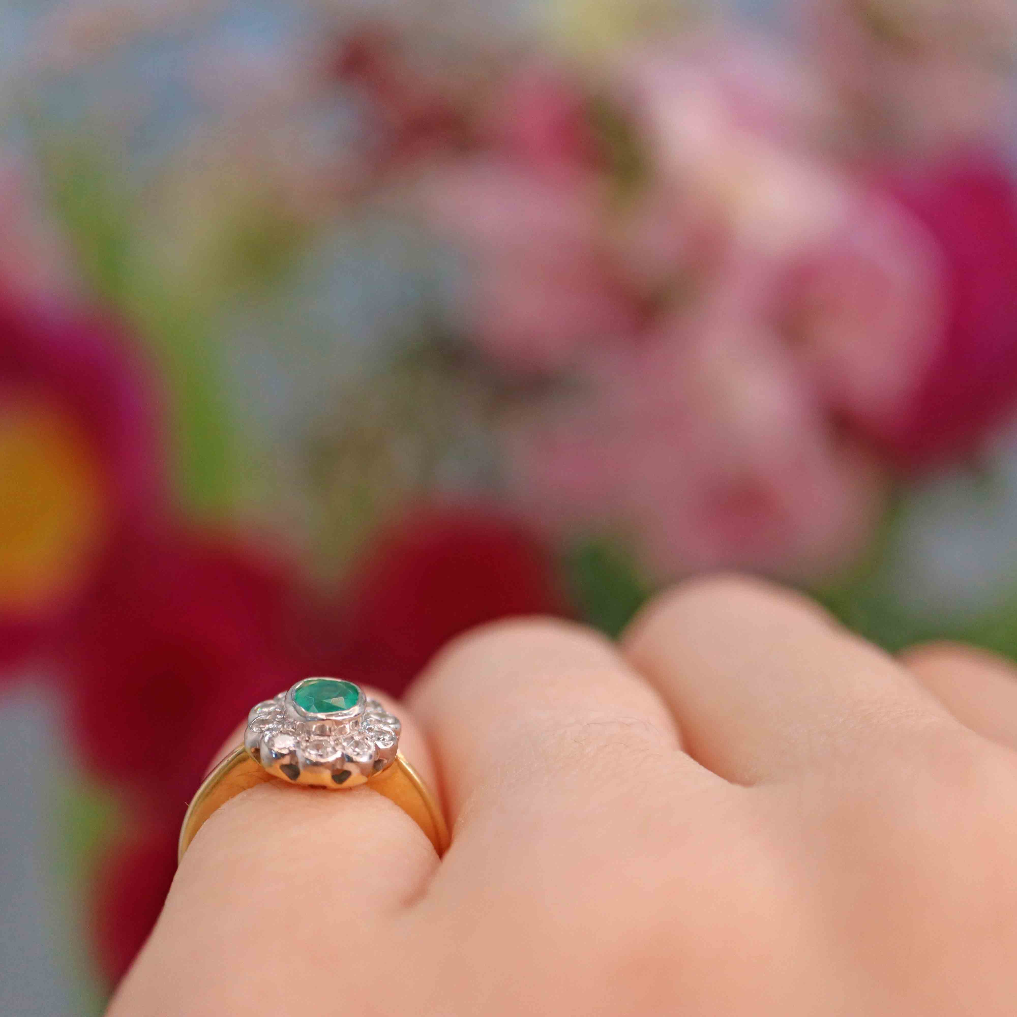 Ellibelle Jewellery Vintage 1996 Natural Emerald & Diamond 18ct Gold Cluster Ring