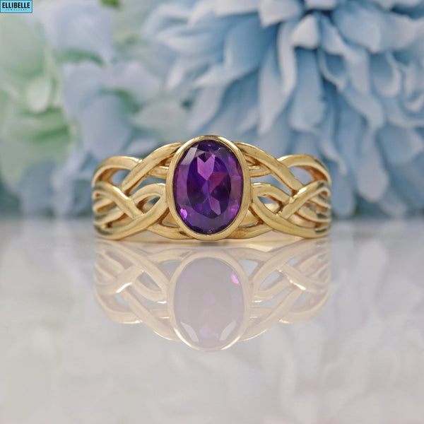 Ellibelle Jewellery VINTAGE 9CT GOLD AMETHYST SOLITAIRE KNOT RING