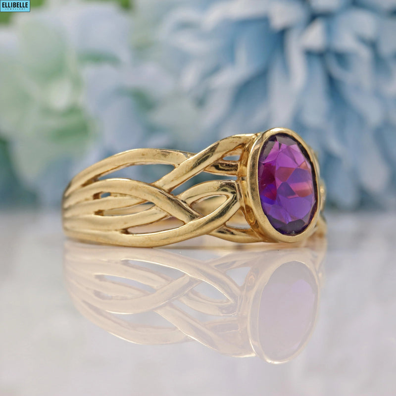 Ellibelle Jewellery VINTAGE 9CT GOLD AMETHYST SOLITAIRE KNOT RING