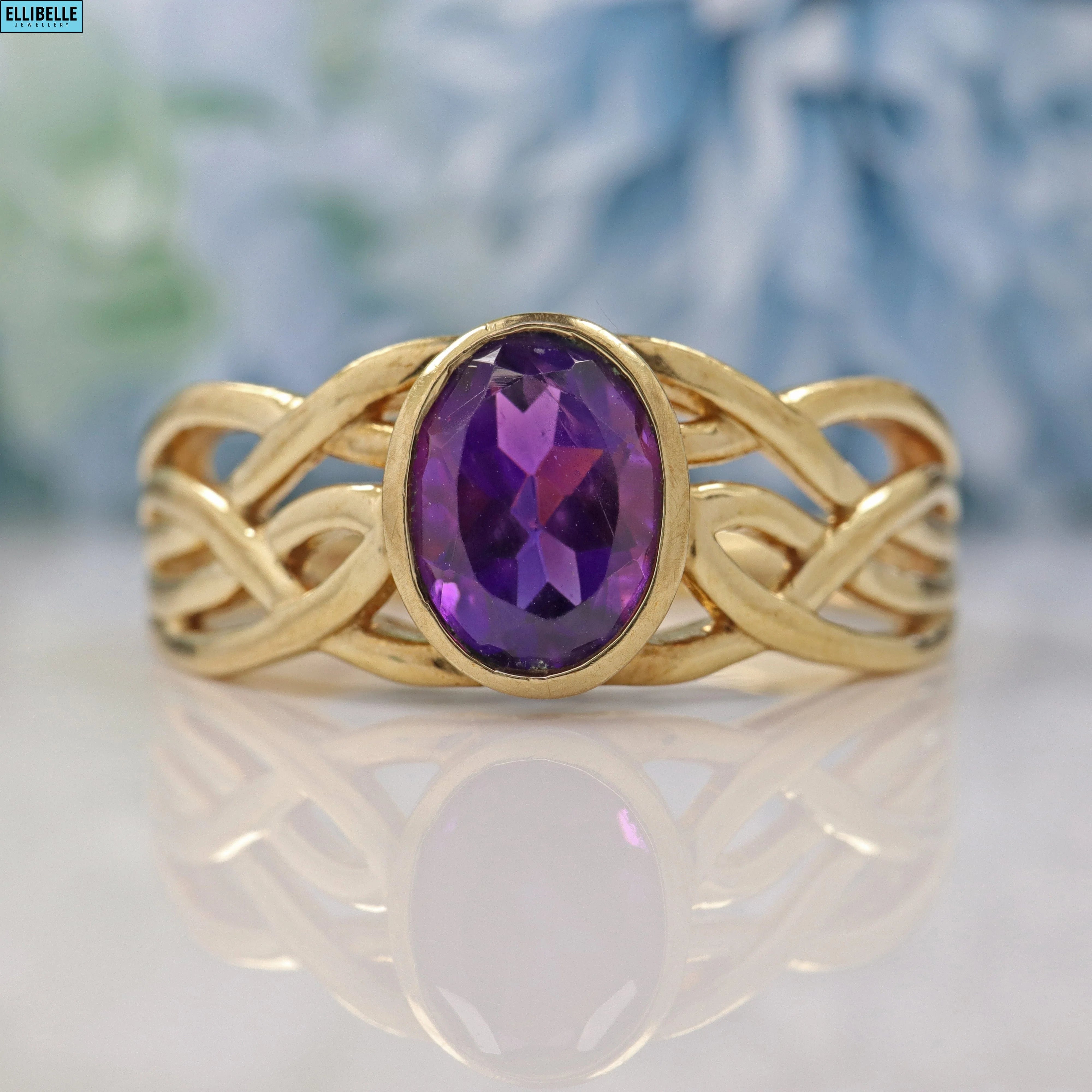 Ellibelle Jewellery VINTAGE 9CT GOLD AMETHYST SOLITAIRE KNOT RING