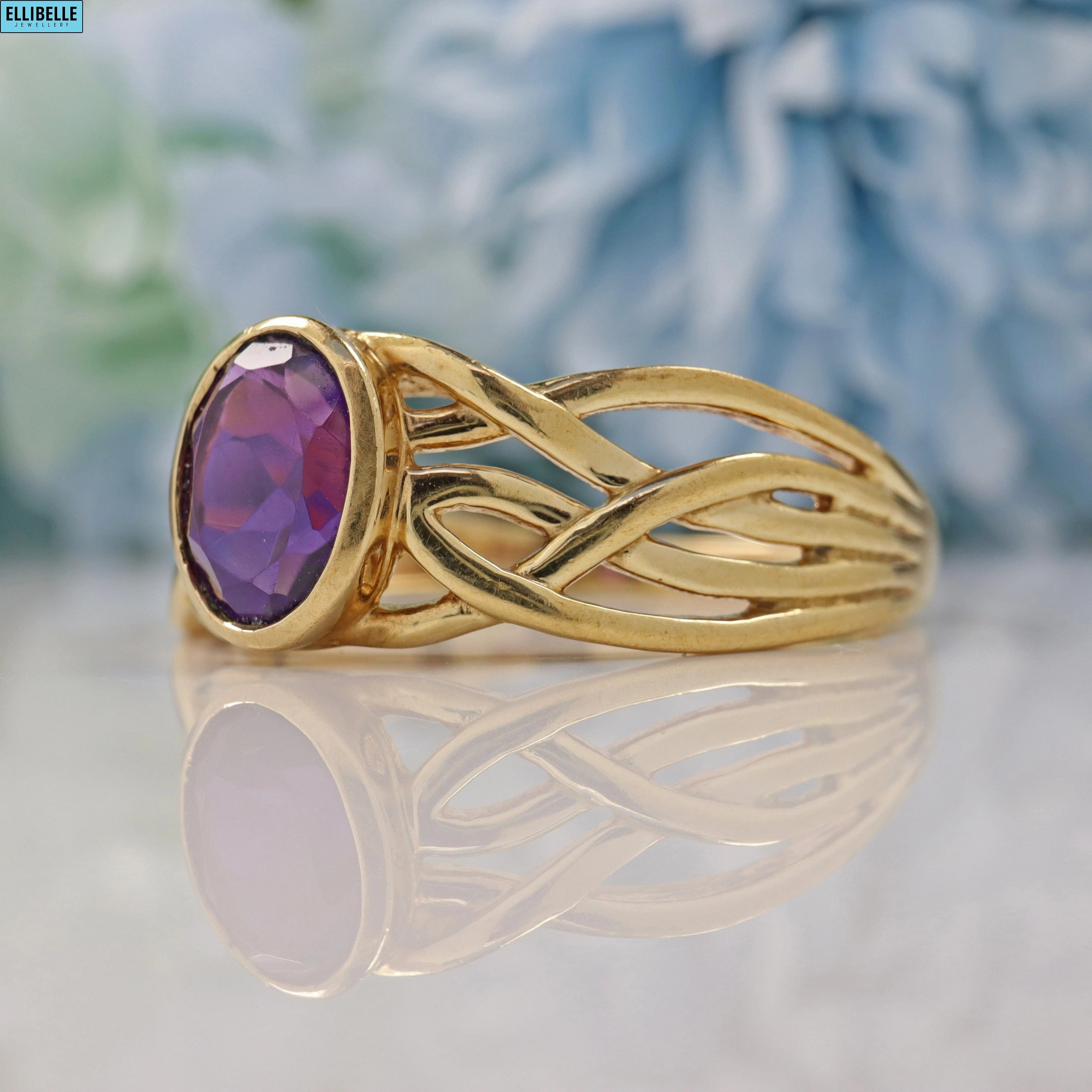 Ellibelle Jewellery VINTAGE 9CT GOLD AMETHYST SOLITAIRE KNOT RING