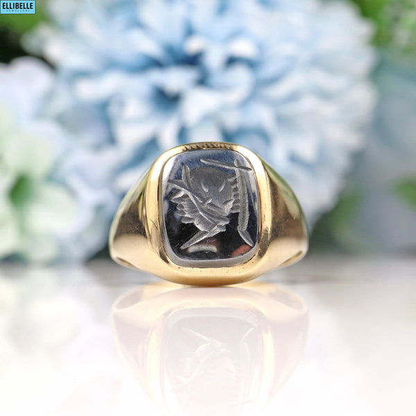 Vintage 9ct Gold Hematite Intaglio Signet Ring - London 1986