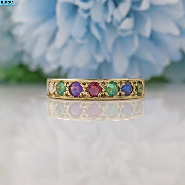 VINTAGE 9CT GOLD MULTI-GEM 'DEAREST' HALF ETERNITY RING