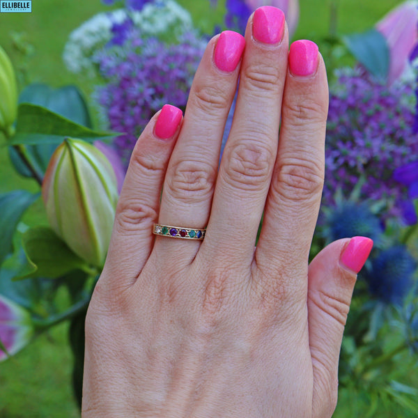 VINTAGE 9CT GOLD MULTI-GEM 'DEAREST' HALF ETERNITY RING