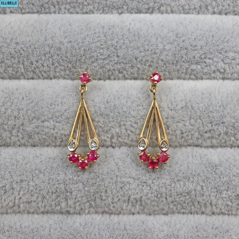Vintage 9ct Gold Ruby & Diamond Pendant Drop Earrings