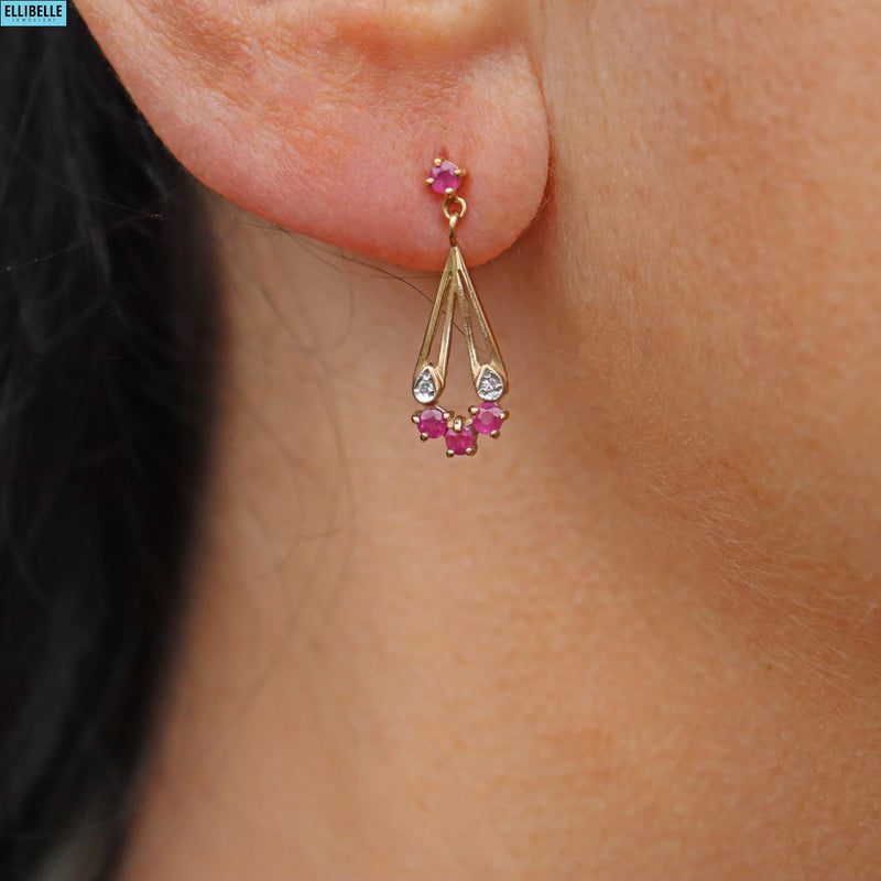 Vintage 9ct Gold Ruby & Diamond Pendant Drop Earrings