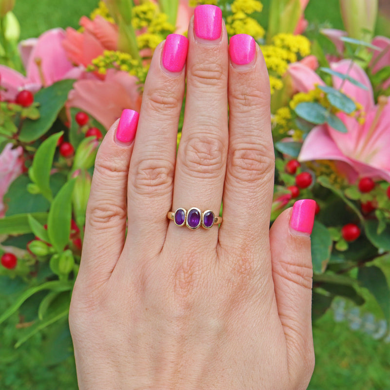 Ellibelle Jewellery VINTAGE AMETHYST 9CT GOLD THREE-STONE RING