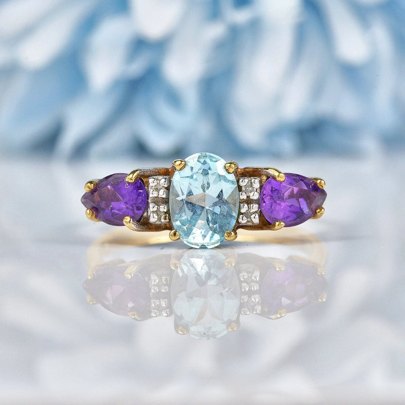 Ellibelle Jewellery VINTAGE AMETHYST & BLUE TOPAZ GOLD TRILOGY RING