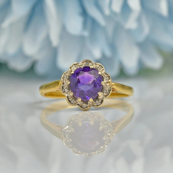 VINTAGE AMETHYST & DIAMOND 18CT GOLD DAISY HALO RING