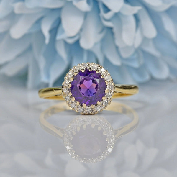 Ellibelle Jewellery VINTAGE AMETHYST & DIAMOND 18CT GOLD HALO RING