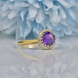 Ellibelle Jewellery VINTAGE AMETHYST & DIAMOND 18CT GOLD HALO RING