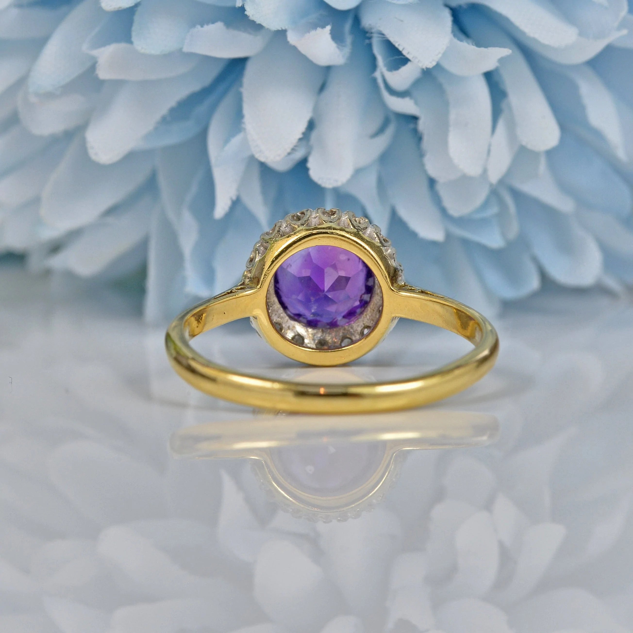 Ellibelle Jewellery VINTAGE AMETHYST & DIAMOND 18CT GOLD HALO RING
