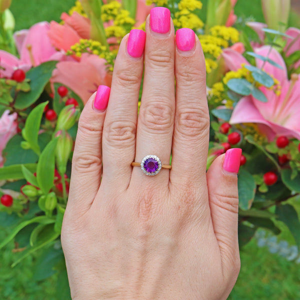 Ellibelle Jewellery VINTAGE AMETHYST & DIAMOND 18CT GOLD HALO RING