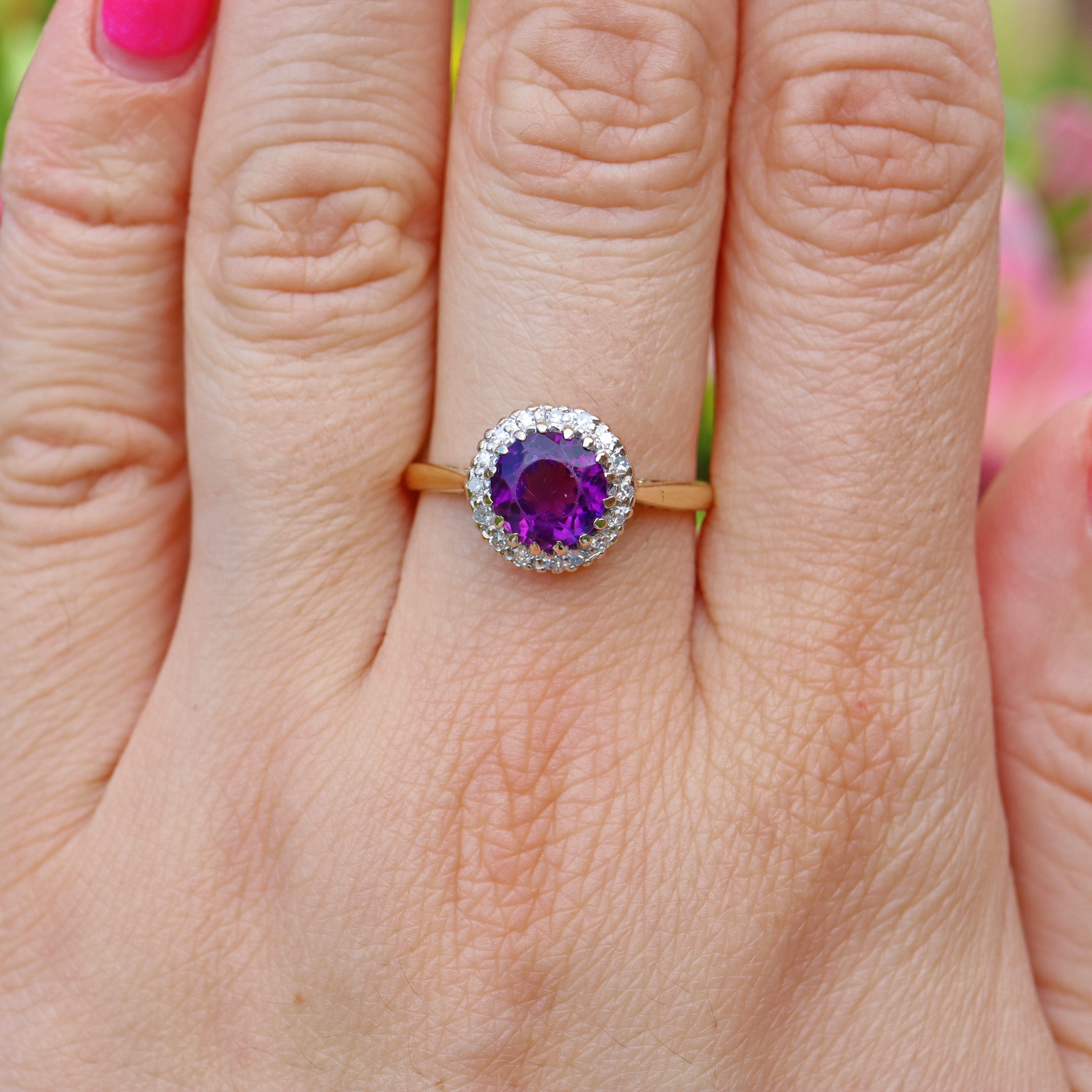 Ellibelle Jewellery VINTAGE AMETHYST & DIAMOND 18CT GOLD HALO RING