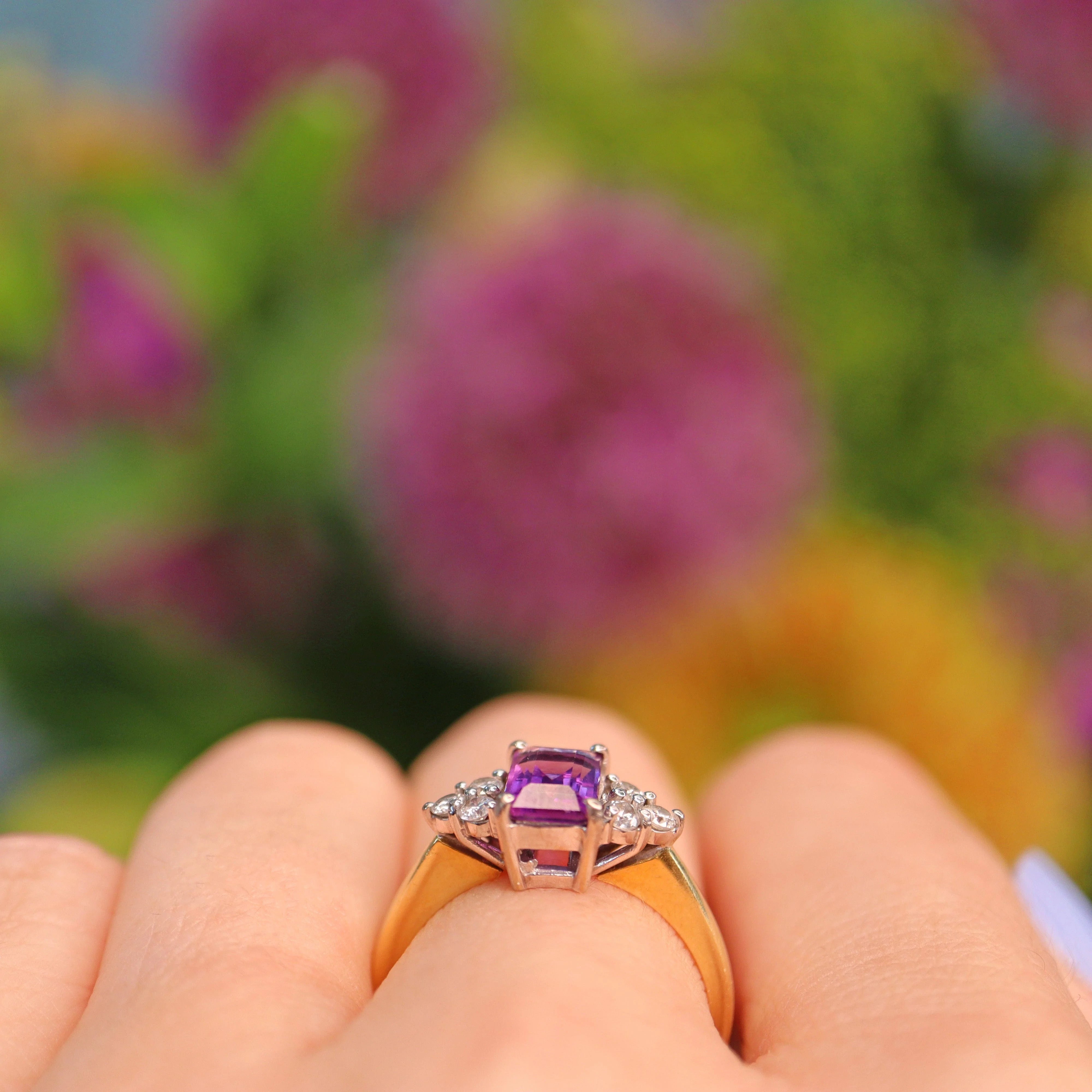 Ellibelle Jewellery Vintage Amethyst & Diamond 18ct Yellow Gold Ring