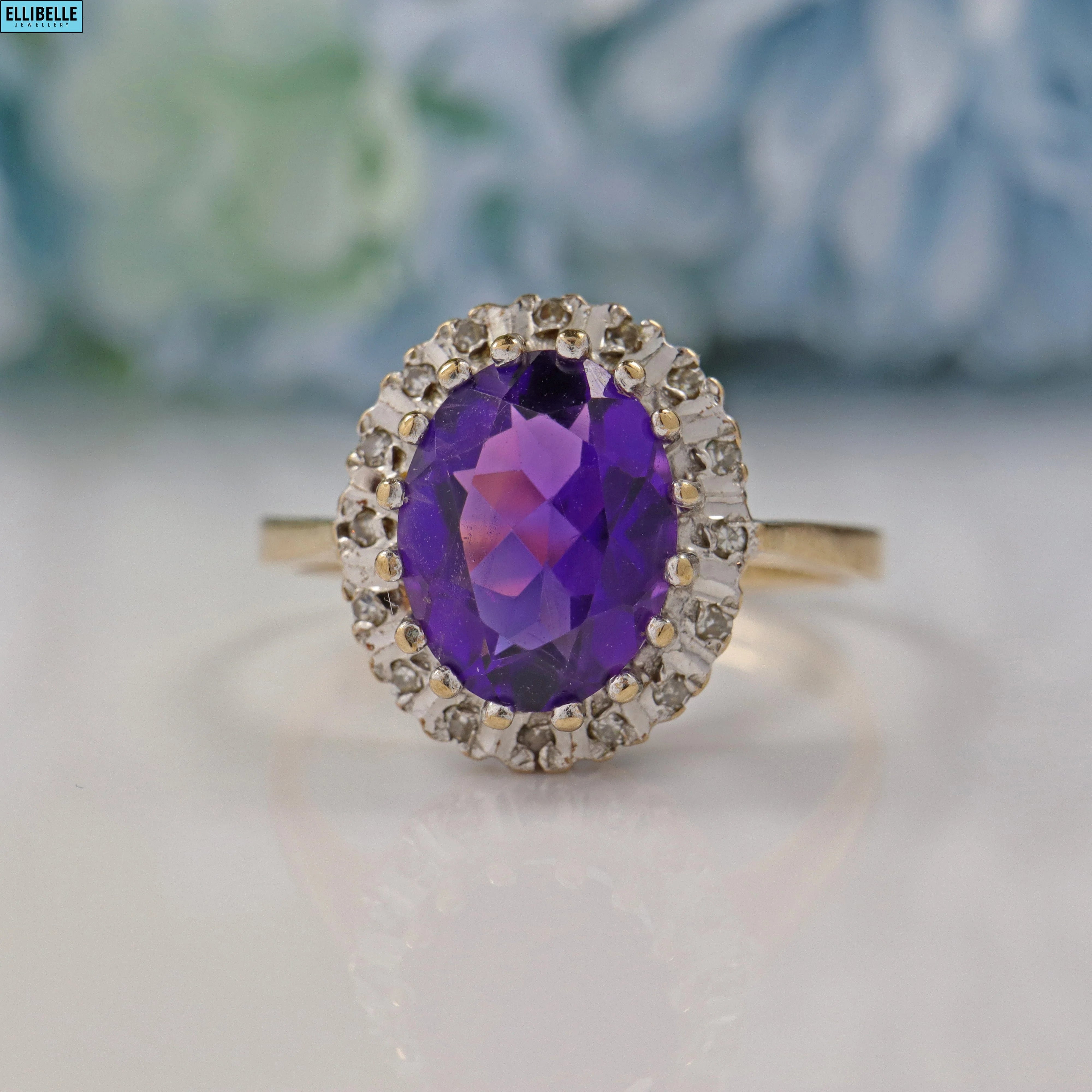 Ellibelle Jewellery VINTAGE AMETHYST & DIAMOND 9CT GOLD HALO RING
