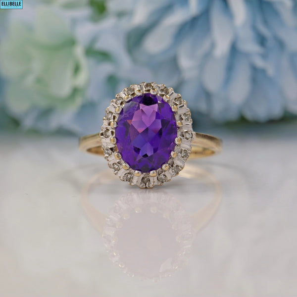 Ellibelle Jewellery VINTAGE AMETHYST & DIAMOND 9CT GOLD HALO RING