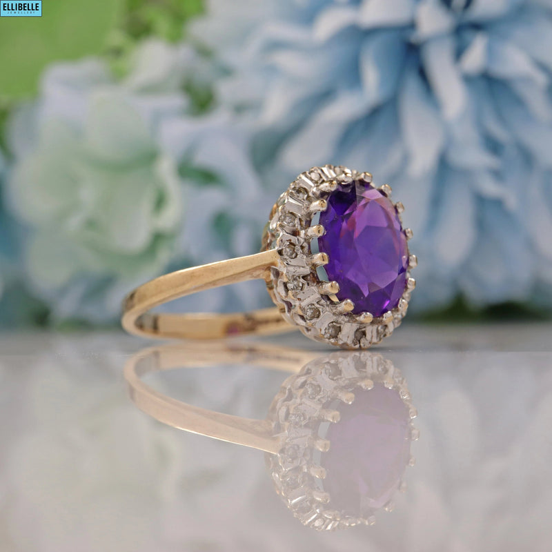 Ellibelle Jewellery VINTAGE AMETHYST & DIAMOND 9CT GOLD HALO RING