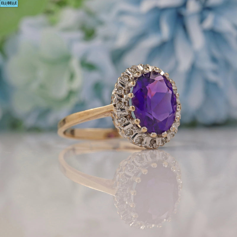 Ellibelle Jewellery VINTAGE AMETHYST & DIAMOND 9CT GOLD HALO RING