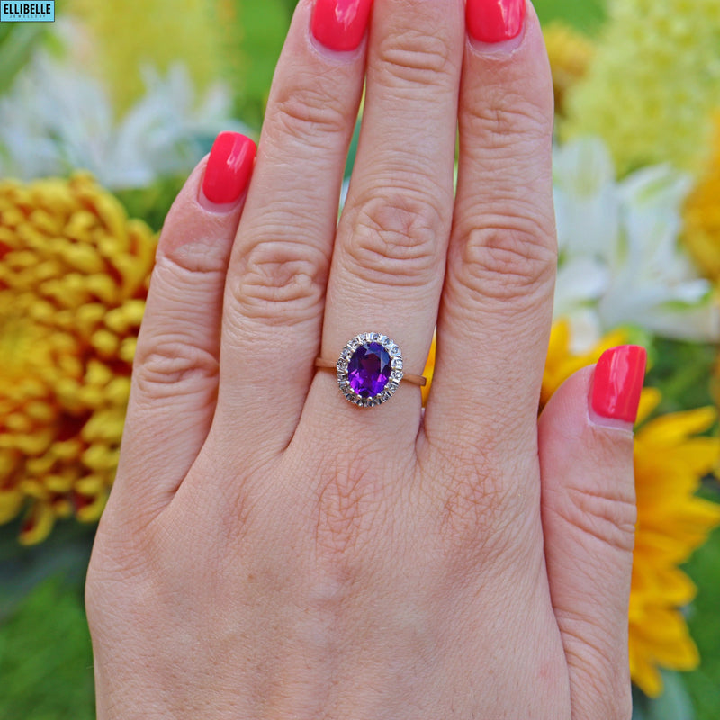 Ellibelle Jewellery VINTAGE AMETHYST & DIAMOND 9CT GOLD HALO RING