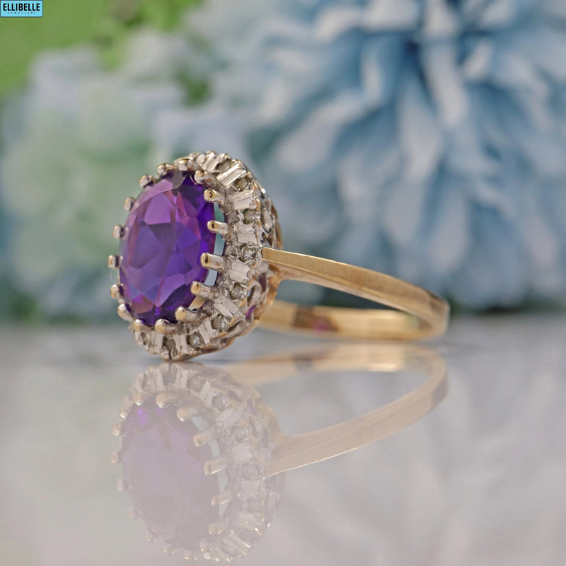 Ellibelle Jewellery VINTAGE AMETHYST & DIAMOND 9CT GOLD HALO RING