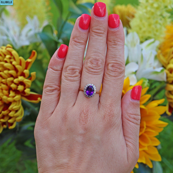 Ellibelle Jewellery VINTAGE AMETHYST & DIAMOND 9CT GOLD HALO RING