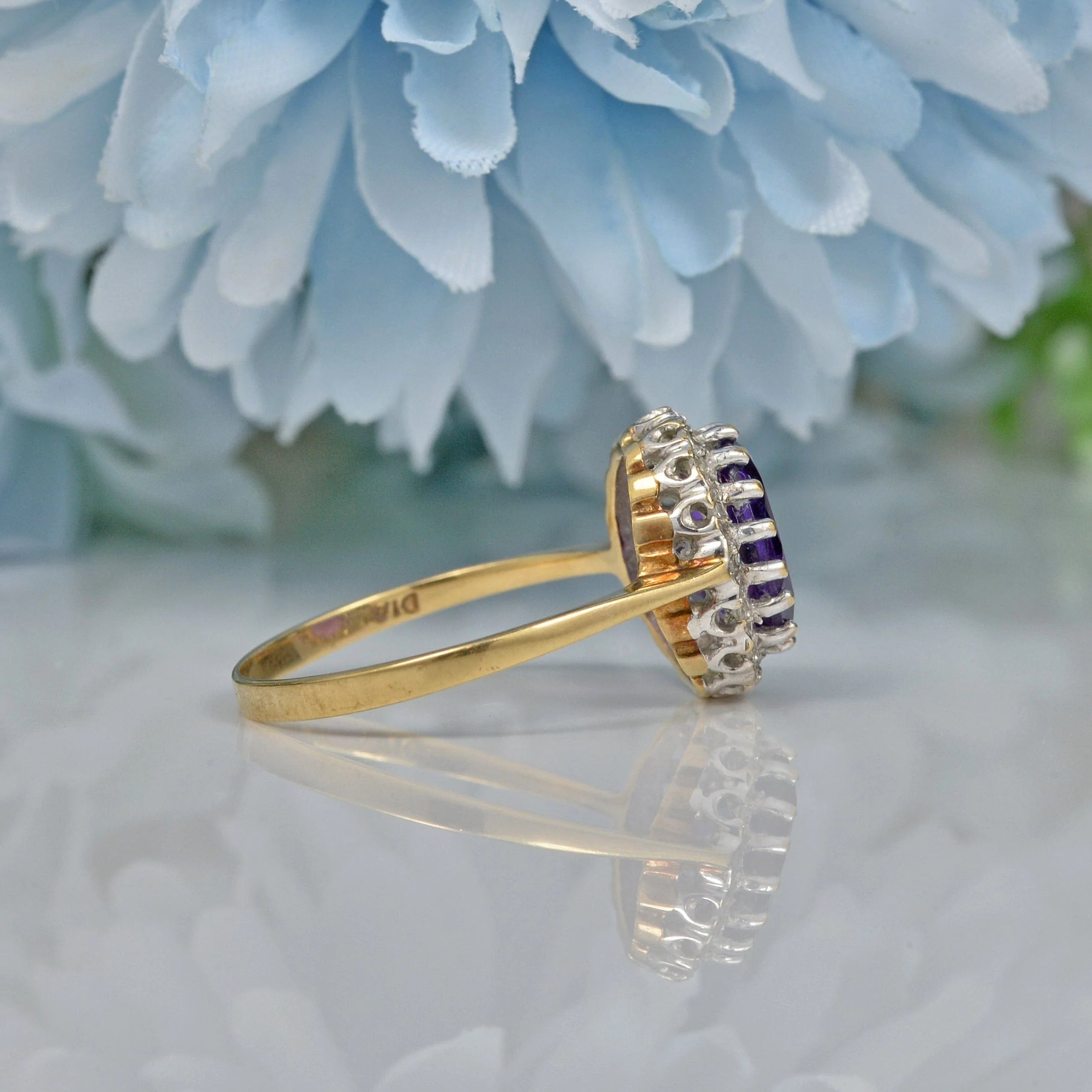 Vintage Amethyst & Diamond 9ct Gold Halo Ring