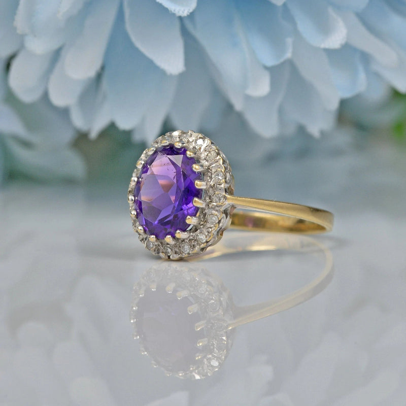 Vintage Amethyst & Diamond 9ct Gold Halo Ring